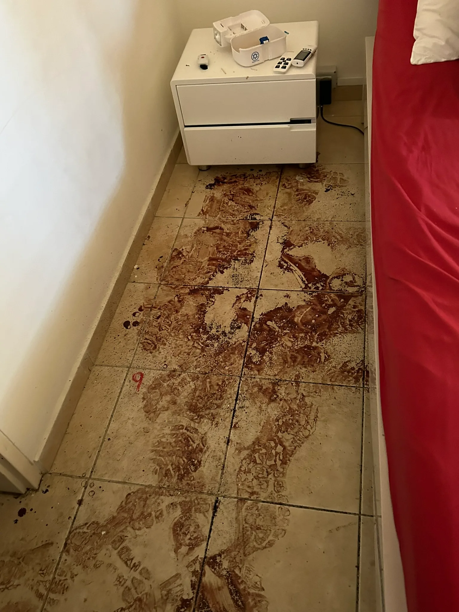 Pasillo de una vivienda con manchas de sangre en el piso.
